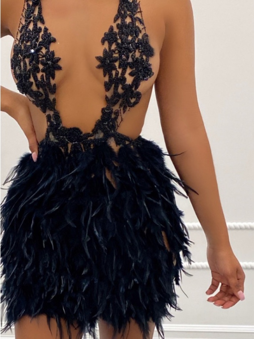 Sexy Black Feather & Lace Mini Dress